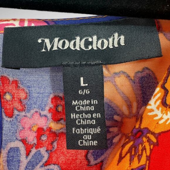 ModCloth Floral Tropical Twirl Kaftan Shirt Long Dress Orange Blue Size Large - Picture 6 of 9